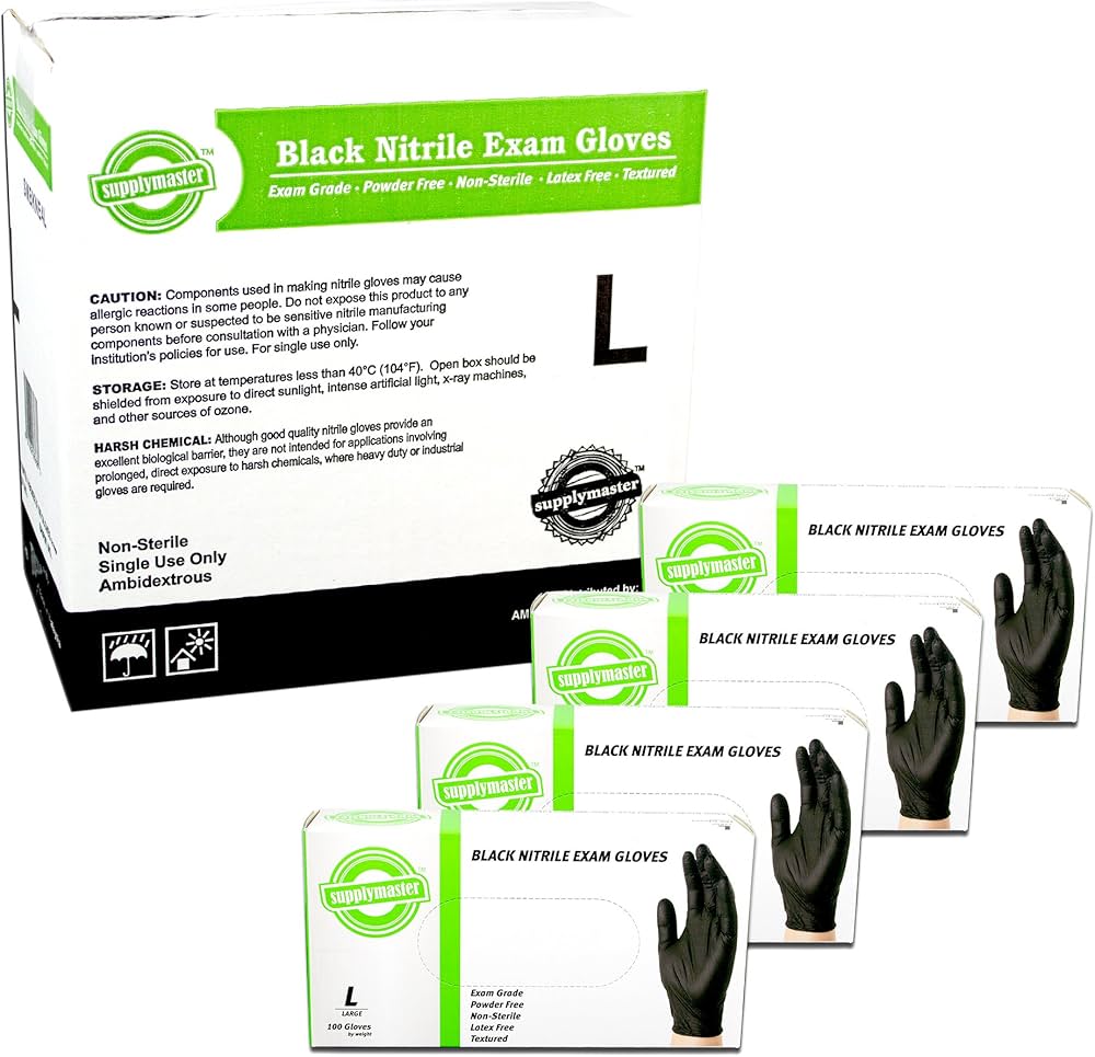SUPPLYMASTER  EXAM NITRILE GLOVES, BLACK-PACK 400 SIZE M AND L